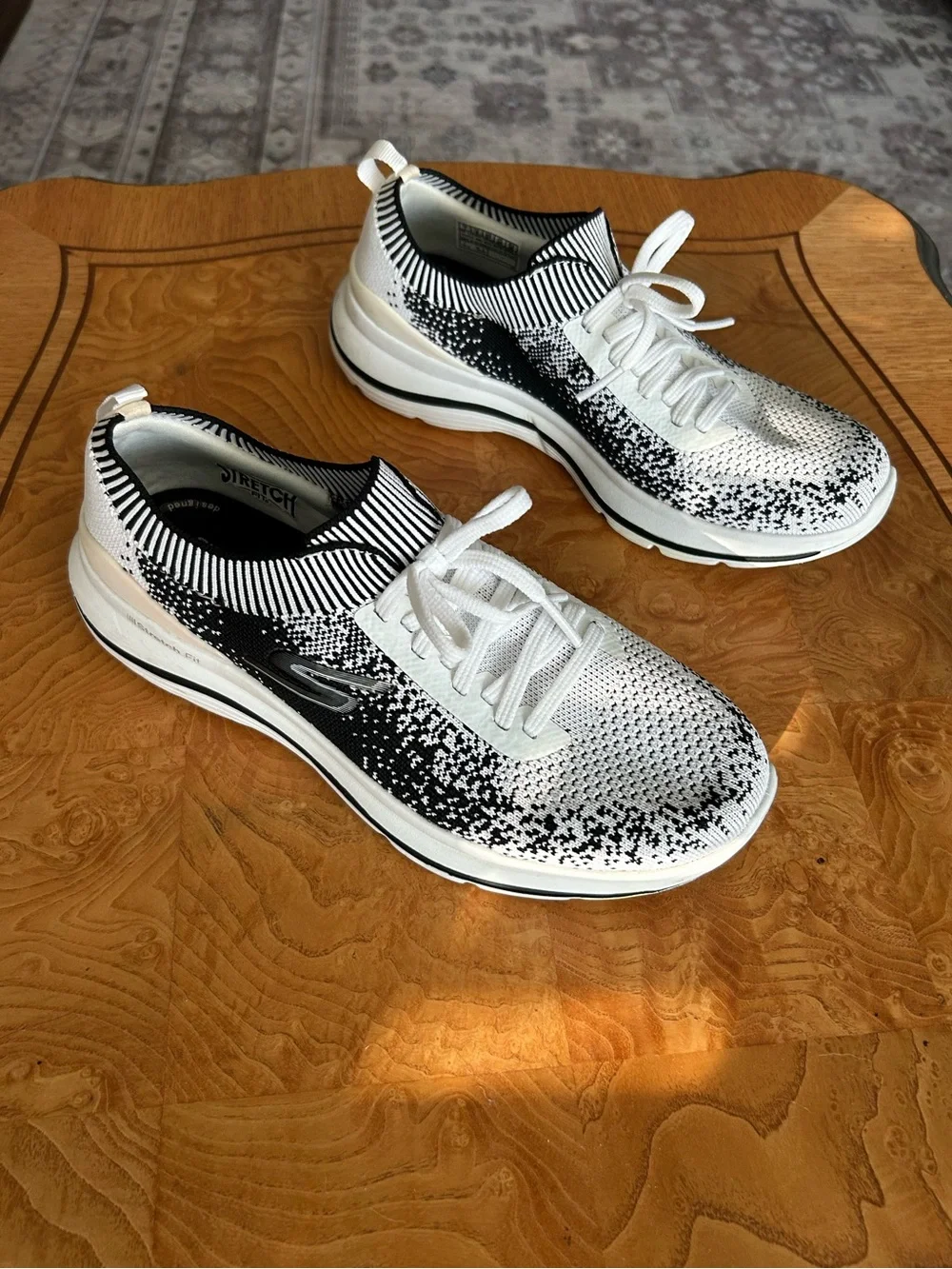 Skechers Women’s White and Black Knit Lace-Up Slip-On Sneakers